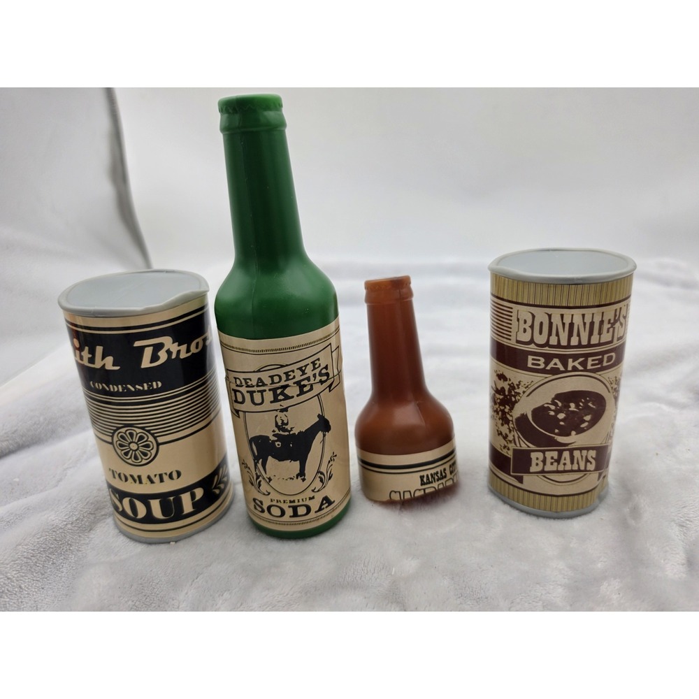 Vintage Style Looking Toy Food & Soda Bottles-Beans, Soup,Soda & Sasparilla Half